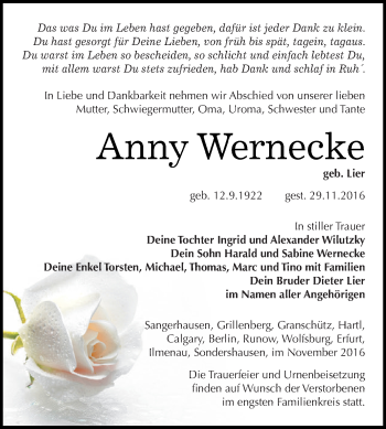 Traueranzeige von Anny Wernecke von Super Sonntag SGH Mansf. Land