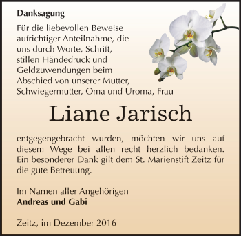 Traueranzeige von Liane Jarisch von Mitteldeutsche Zeitung Zeitz
