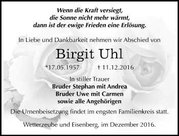 Traueranzeige von Birgit Uhl von Mitteldeutsche Zeitung Zeitz