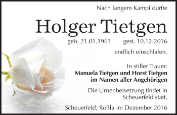 Traueranzeige von Holger Tietgen von Mitteldeutsche Zeitung Sangerhausen