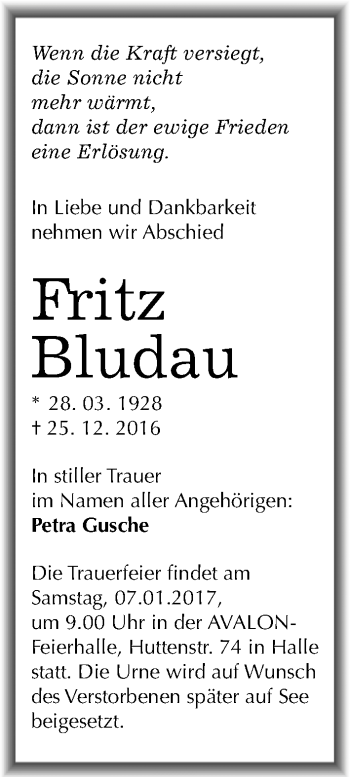 Traueranzeige von Fritz Bludau von Mitteldeutsche Zeitung Halle/Saalkreis