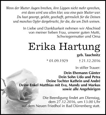 Traueranzeige von Erika Hartung von Mitteldeutsche Zeitung Merseburg/Querfurt