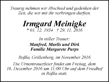 Traueranzeige von Irmgard Meinigke von Mitteldeutsche Zeitung Sangerhausen