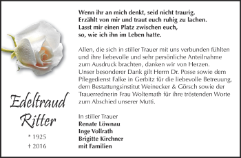 Traueranzeige von Edeltraud Ritter von Super Sonntag Bernburg
