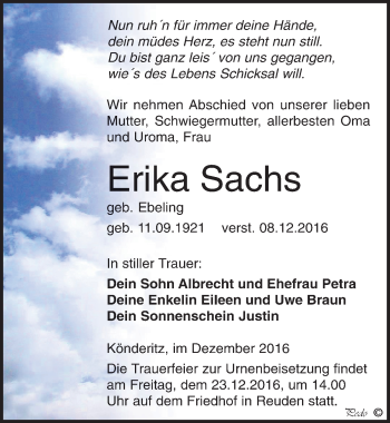 Traueranzeige von Erika Sachs von Mitteldeutsche Zeitung Zeitz