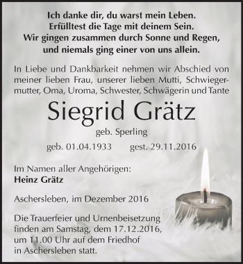 Traueranzeige von Siegrid Grätz von Mitteldeutsche Zeitung Aschersleben