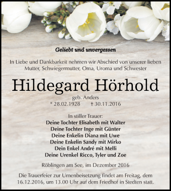 Traueranzeige von Hildegard Hörhold von Super Sonntag SGH Mansf. Land