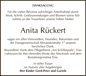 Traueranzeige von Anita Rückert von WVG - Wochenspiegel Dessau / Köthen
