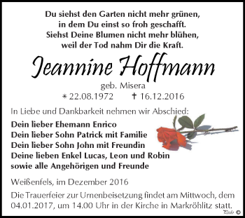 Traueranzeige von Jeannine Hoffmann von WVG - Wochenspiegel NMB / WSF / ZTZ