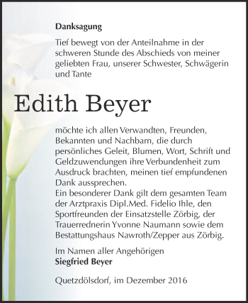Traueranzeige von Edith Beyer von WVG - Wochenspiegel Bitterfeld