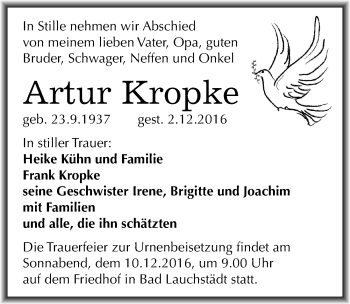 Traueranzeige von Artur Kropke von Mitteldeutsche Zeitung Merseburg/Querfurt