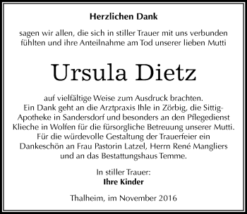 Traueranzeige von Ursula Dietz von Mitteldeutsche Zeitung Bitterfeld