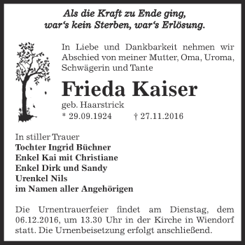 Traueranzeige von Frieda Kaiser von Super Sonntag Bernburg