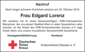 Traueranzeige von Edgard Lorenz von WVG - Wochenspiegel Dessau / Köthen