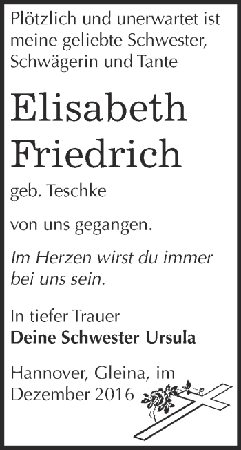 Traueranzeige von Elisabeth Friedrich von WVG - Wochenspiegel NMB / WSF / ZTZ