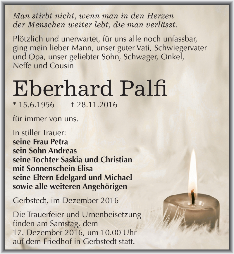  Traueranzeige für Eberhard Palfi vom 07.12.2016 aus Mitteldeutsche Zeitung Mansfelder Land