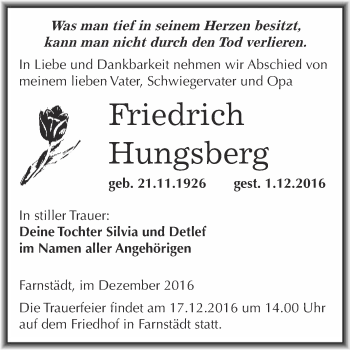 Traueranzeige von Friedrich Hungsberg von WVG - Wochenspiegel Merseburg