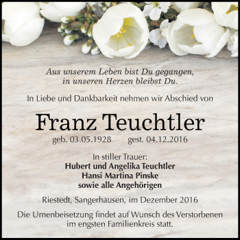 Traueranzeige von Franz Teuchtler von Super Sonntag SGH Mansf. Land