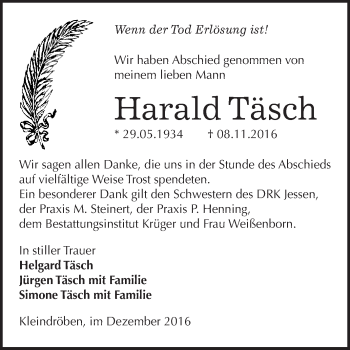 Traueranzeige von Harald Täsch von WVG - Wochenspiegel Wittenberg