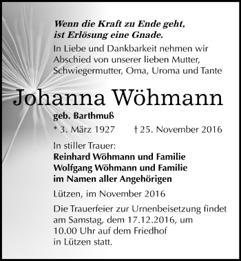 Traueranzeige von Johanna Wöhmann von Mitteldeutsche Zeitung Weißenfels