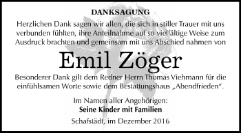 Traueranzeige von Emil Zöger von WVG - Wochenspiegel Merseburg