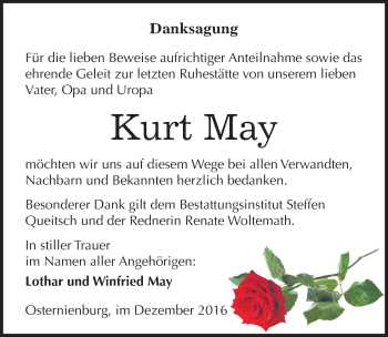 Traueranzeige von Kurt May von Mitteldeutsche Zeitung Köthen