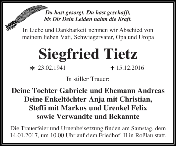 Traueranzeige von Siegfried Tietz von WVG - Wochenspiegel Dessau / Köthen