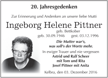 Traueranzeige von Ingeborg Helene Pittner von Super Sonntag SGH Mansf. Land