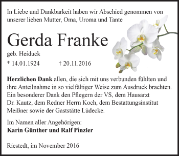 Traueranzeige von Gerda Franke von Mitteldeutsche Zeitung Sangerhausen