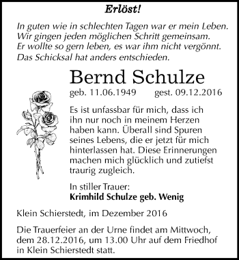 Traueranzeige von Bernd Schulze von Mitteldeutsche Zeitung Aschersleben