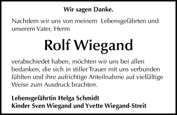 Traueranzeige von Rolf Wiegand von Mitteldeutsche Zeitung Mansfelder Land