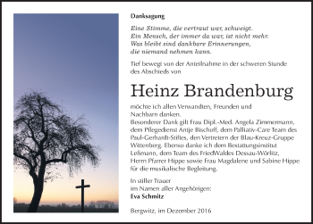 Traueranzeige von Heinz Brandenburg von Mitteldeutsche Zeitung Wittenberg