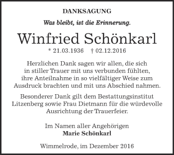 Traueranzeige von Winfried Schönkarl von Super Sonntag SGH Mansf. Land