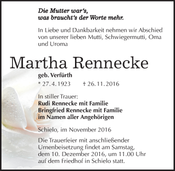 Traueranzeige von Martha Rennecke von Mitteldeutsche Zeitung Quedlinburg