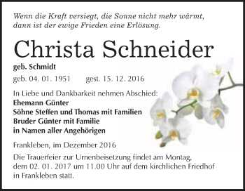 Traueranzeige von Christa Schneider von WVG - Wochenspiegel Merseburg