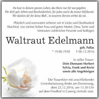 Traueranzeige von Waltraut Edelmann von Super Sonntag Wittenberg