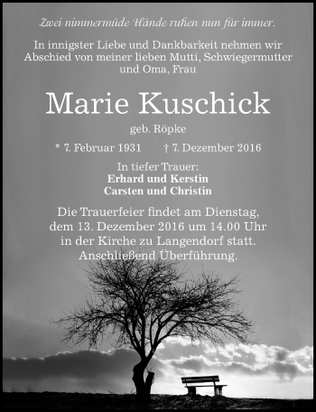 Traueranzeige von Marie Kuschick von Mitteldeutsche Zeitung Zeitz