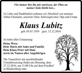 Traueranzeige von Klaus Lubitz von Super Sonntag Quedlinburg