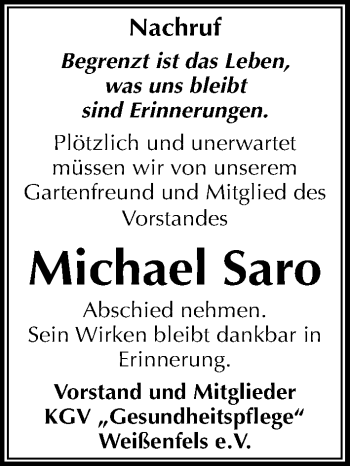 Traueranzeige von Michael Saro von Mitteldeutsche Zeitung Weißenfels
