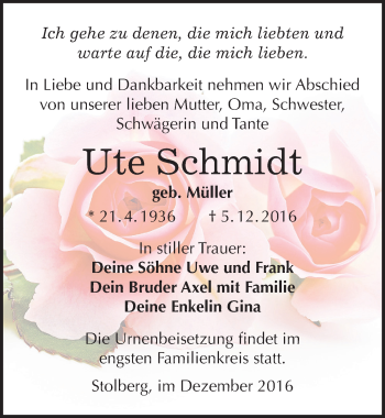 Traueranzeige von Ute Schmidt von Mitteldeutsche Zeitung Sangerhausen