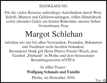 Traueranzeige von Margot Schlehan von WVG - Wochenspiegel NMB / WSF / ZTZ