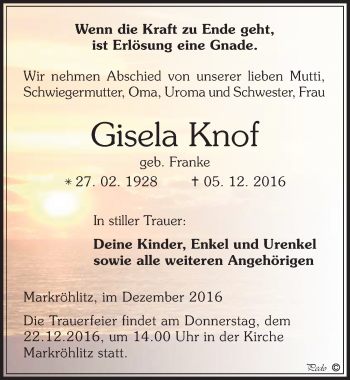 Traueranzeige von Gisela Knof von Mitteldeutsche Zeitung Weißenfels