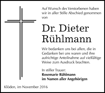 Traueranzeige von Dieter Rühlmann von WVG - Wochenspiegel Wittenberg