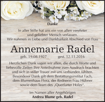 Traueranzeige von Annemarie Radel von Mitteldeutsche Zeitung Merseburg/Querfurt