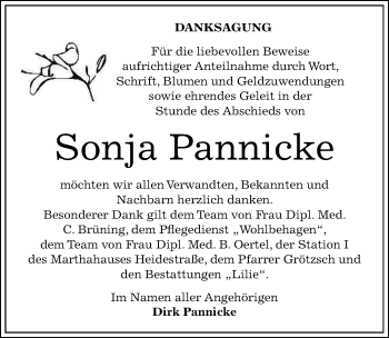 Traueranzeige von Sonja Pannicke von Mitteldeutsche Zeitung Dessau-Roßlau