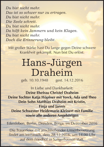 Traueranzeige von Hans-Jürgen Draheim von Mitteldeutsche Zeitung Sangerhausen