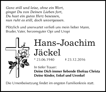 Traueranzeige von Hans-Joachim Jäckel von Mitteldeutsche Zeitung Bitterfeld