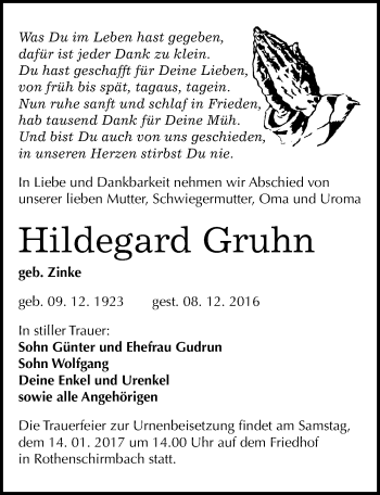 Traueranzeige von Hildegard Gruhn von Mitteldeutsche Zeitung Mansfelder Land