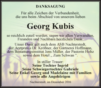 Traueranzeige von Georg Kubis von Mitteldeutsche Zeitung Aschersleben