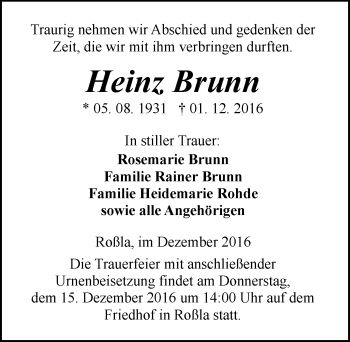 Traueranzeige von Heinz Brunn von Mitteldeutsche Zeitung Sangerhausen
